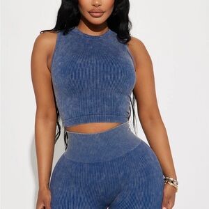 Fashion Nova Blue Ribbed Crop Tank & High-Waist biker short Set